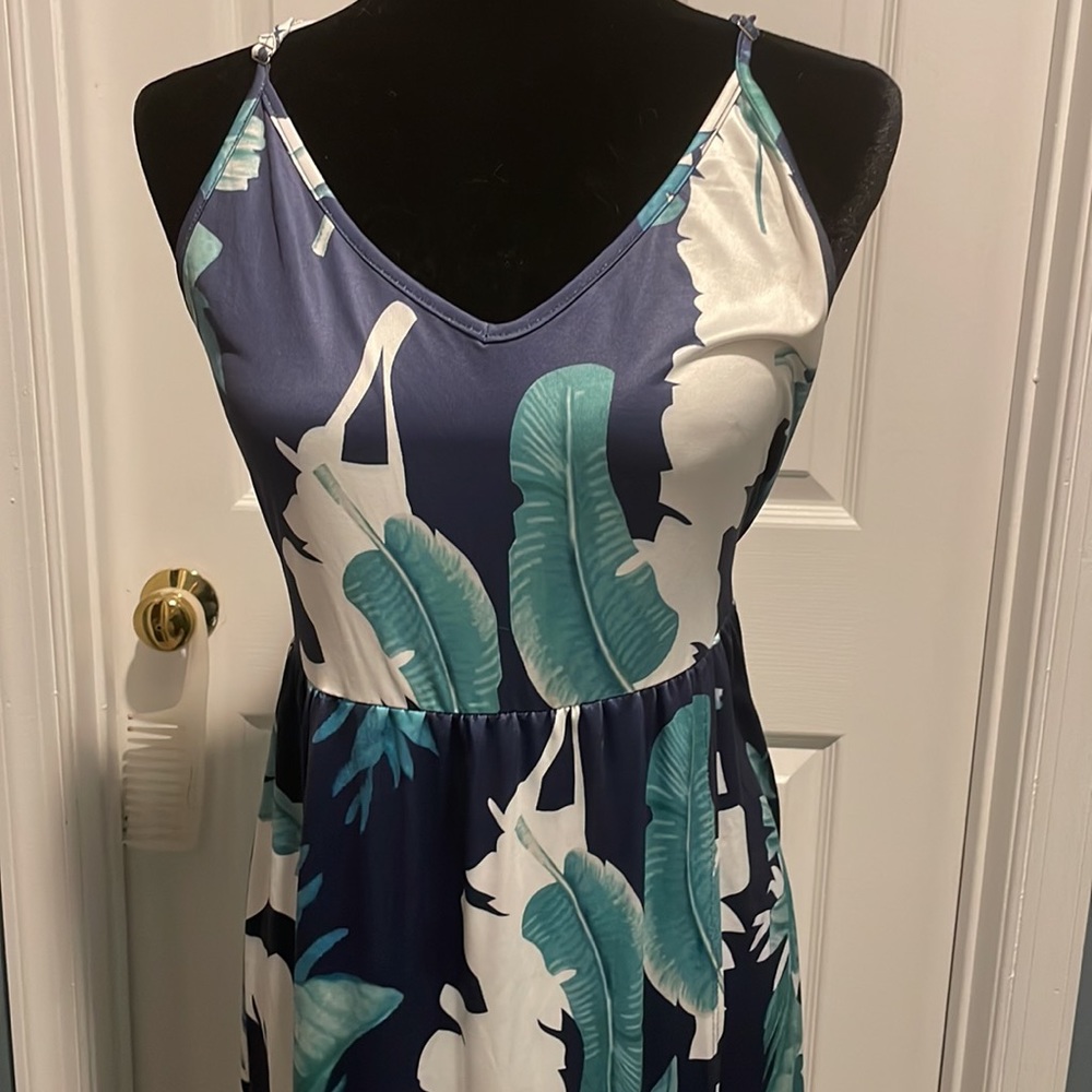 Large - Blue and Green Palm Dress - Picture 2 of 5
